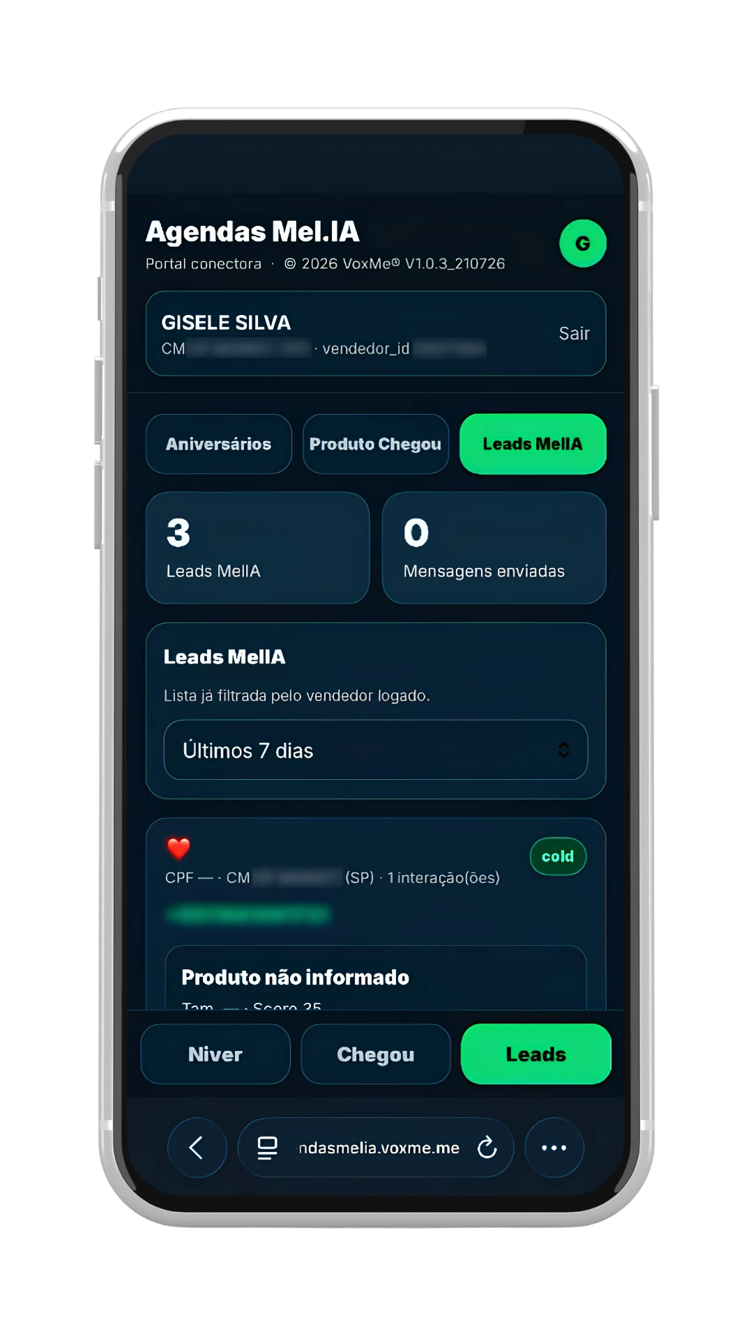 Mockup de leads Mel.IA no módulo Acquisition