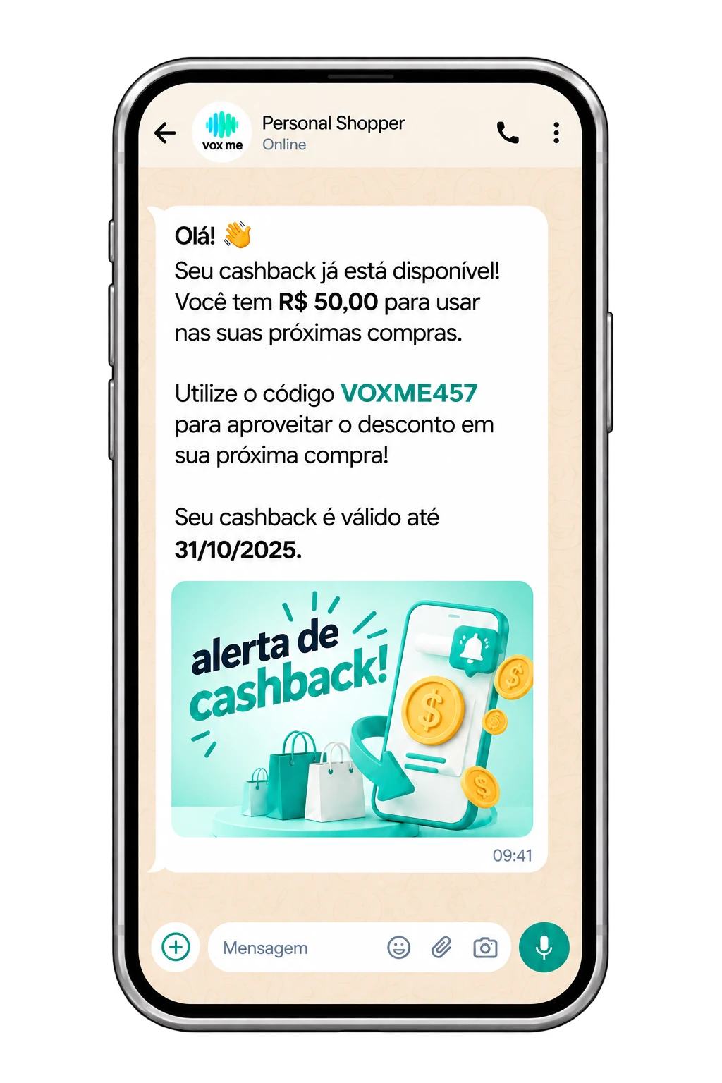 Alerta de cashback VoxMe no WhatsApp